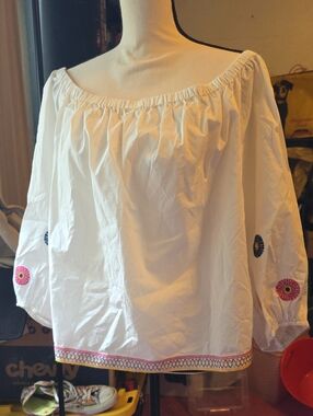 Madewell White Off-Shoulder Embroidered Peasant Blouse